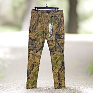 KDNK Mens Forest Camo Brown Pants 32/31.5 Skinny Ripped Patches Outdoor Jeans